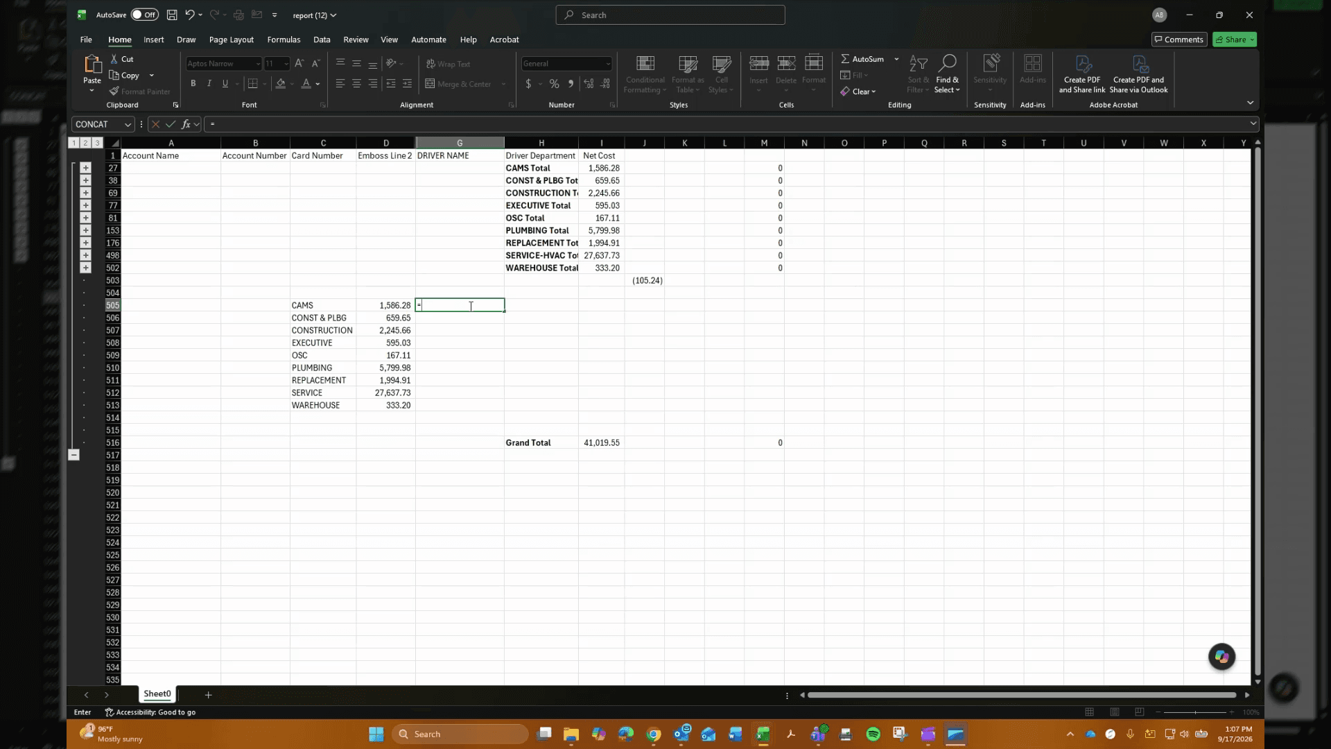 Step #1: In the cell next to the first department name, enter the division formula, then click the percentage formatting button in the Home ribbon toolbar.