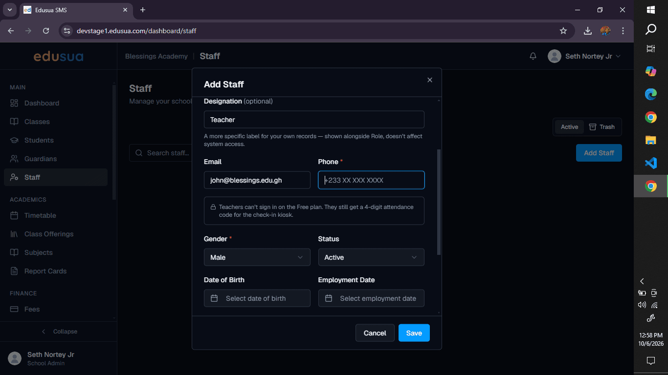 Step #7: Click the phone number input field and type the staff member's contact number.