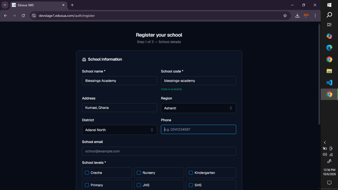 Step #5: Click the Phone input field and enter the primary school contact number.