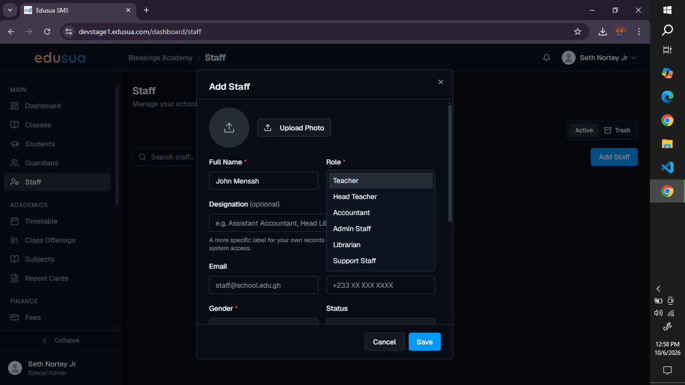 Step #4: Click the Role dropdown and select Teacher.