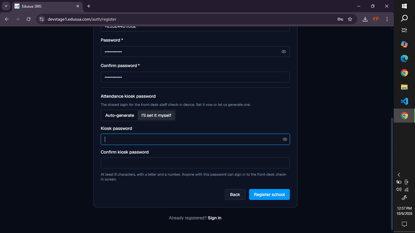 Step #7: Click the Kiosk password field and enter the password for kiosk access.