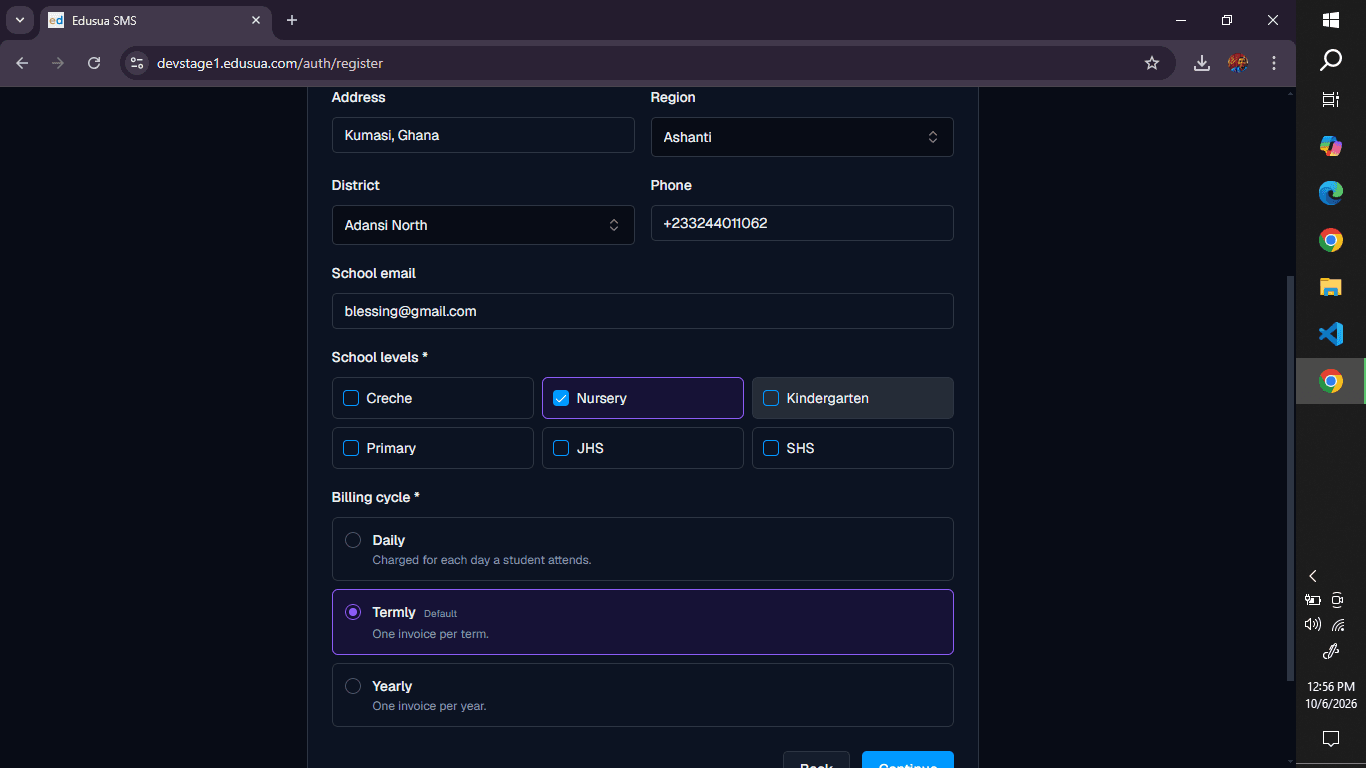Step #8: Select the Kindergarten checkbox under School levels if applicable.