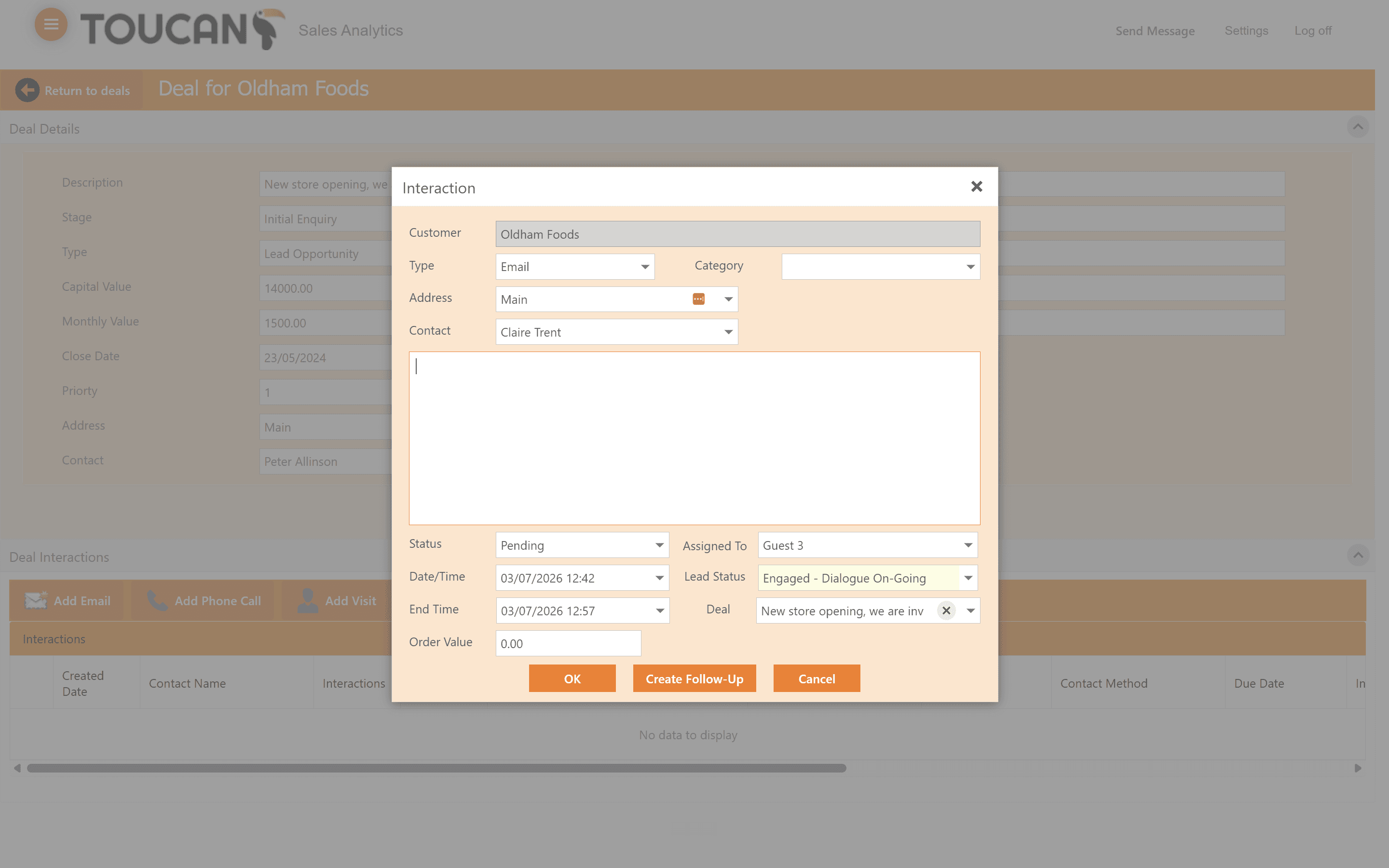Step #10: Fill in the interaction details and click OK to save the record.