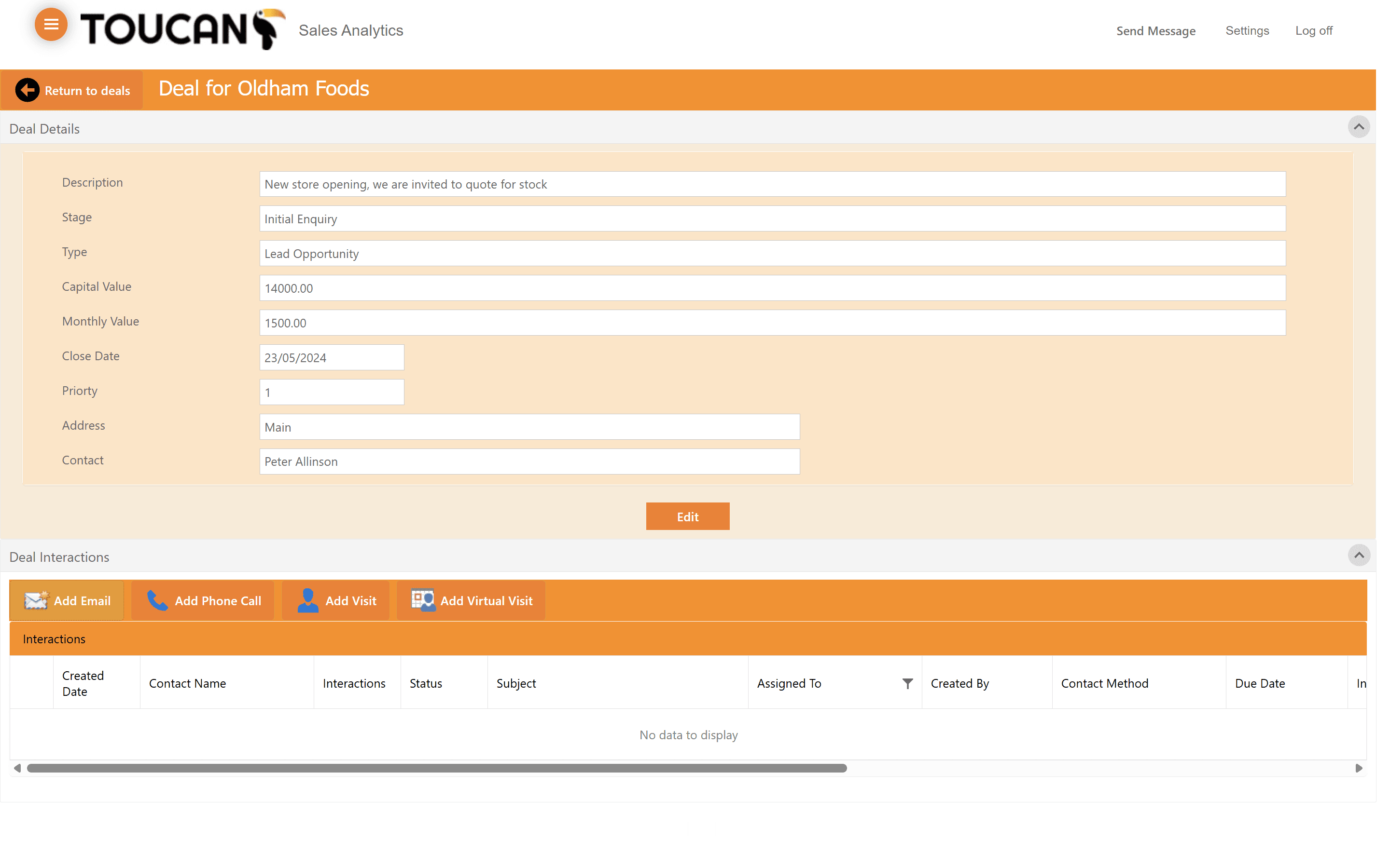 Step #9: Click Add Email to log a new communication thread. This function is the same across the Toucan Sales Analytics platform.