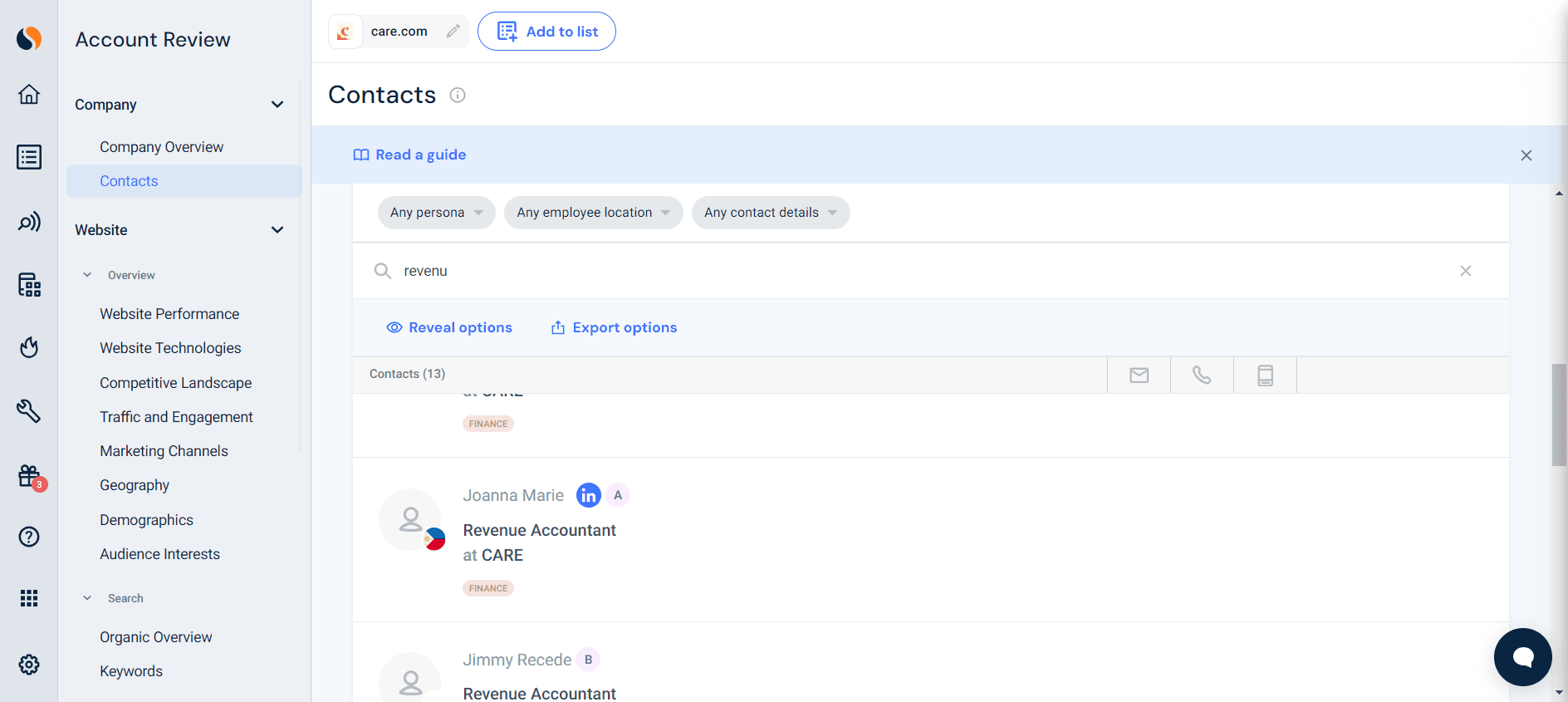 Step #9: You can also type in "revenue" to see who appears. You can also search by contact or name. If you know the person's name is Erin, type in Erin, and it will show all the options for Erin.