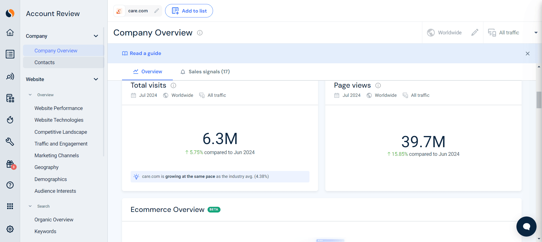 Step #3: Click on "Company Overview" for insights on the company and traffic and select "Contacts" for when you want to look up an email.