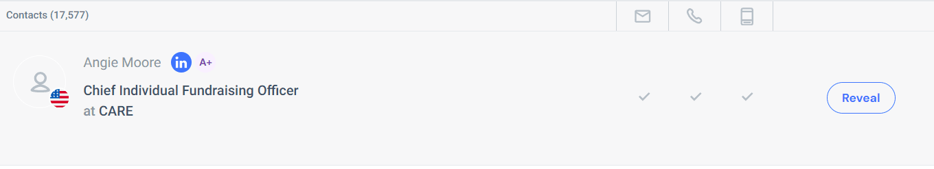 Step #8: Once you find someone whose email you want, just click "reveal". The check marks indicate it has email, phone, and possibly a mobile phone. Then, click reveal. I'm not going to reveal it because you can only use so many credits, but double-check that it's the right person.