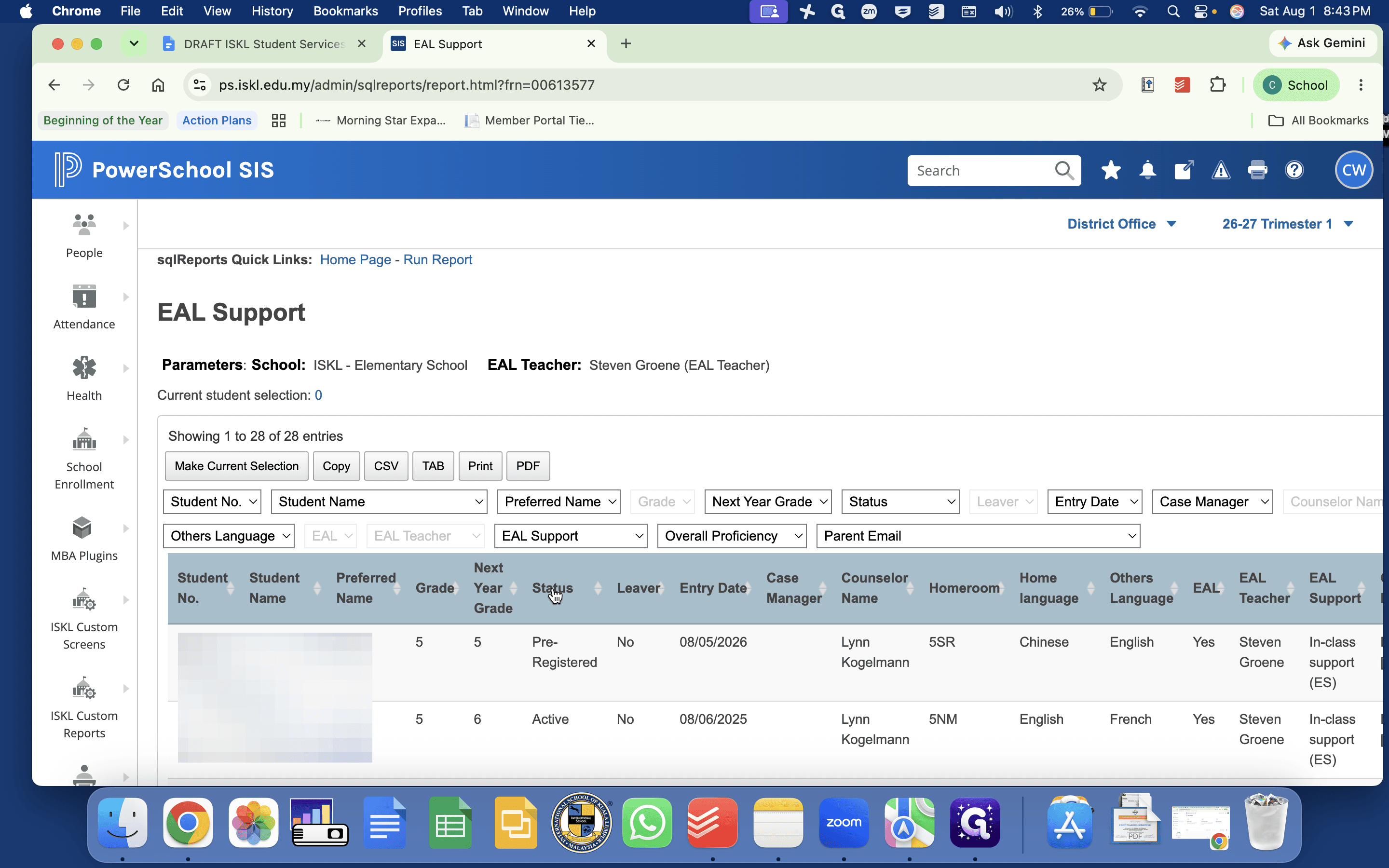 Step #6: Click the Status column header to sort the list of students by their enrollment status.