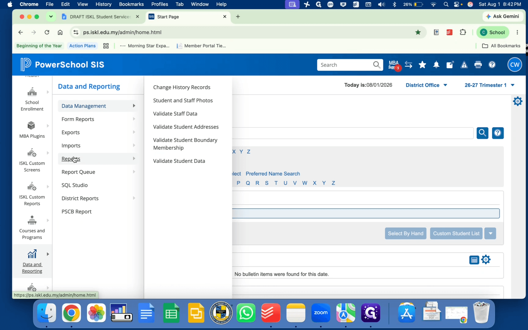 Step #1: From the PowerSchool start page, navigate to Data and Reporting