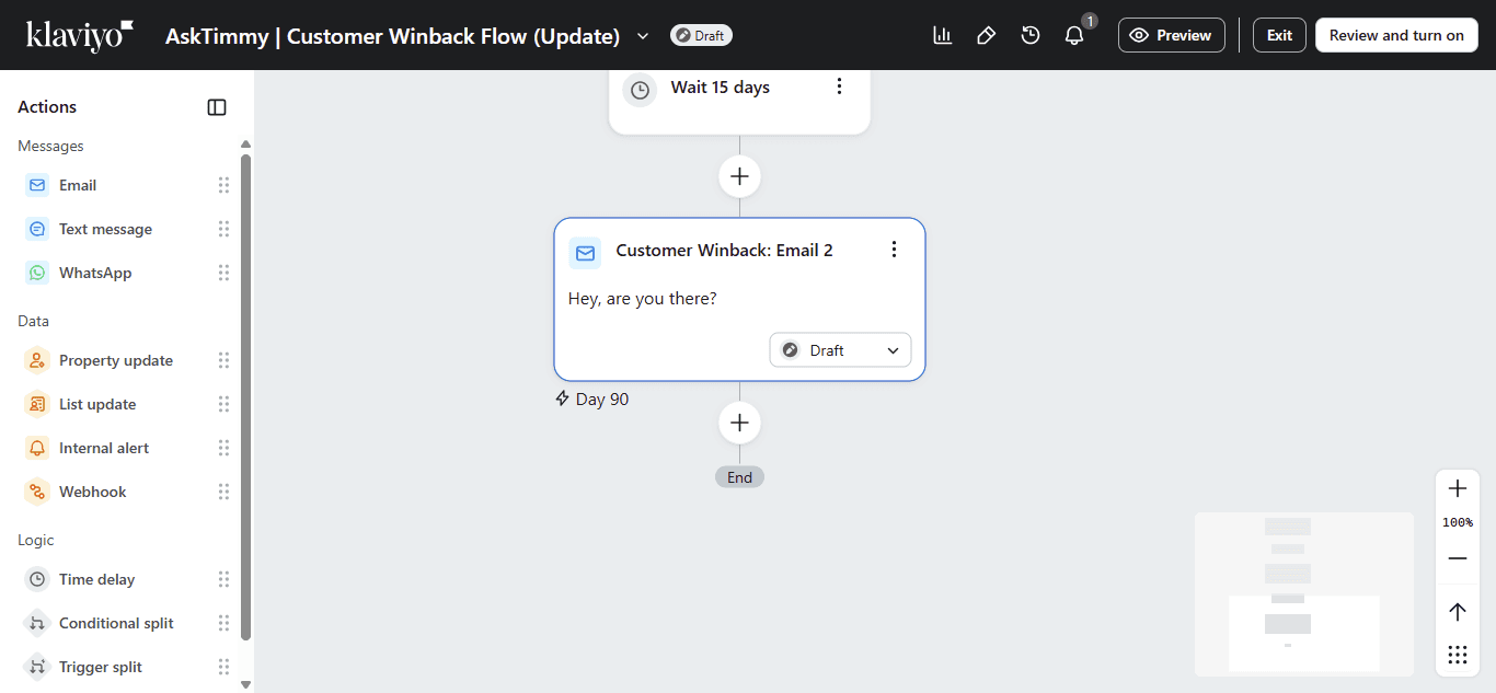 Step #1: Select the email block in your flow (e.g., Customer Winback) to open its settings.