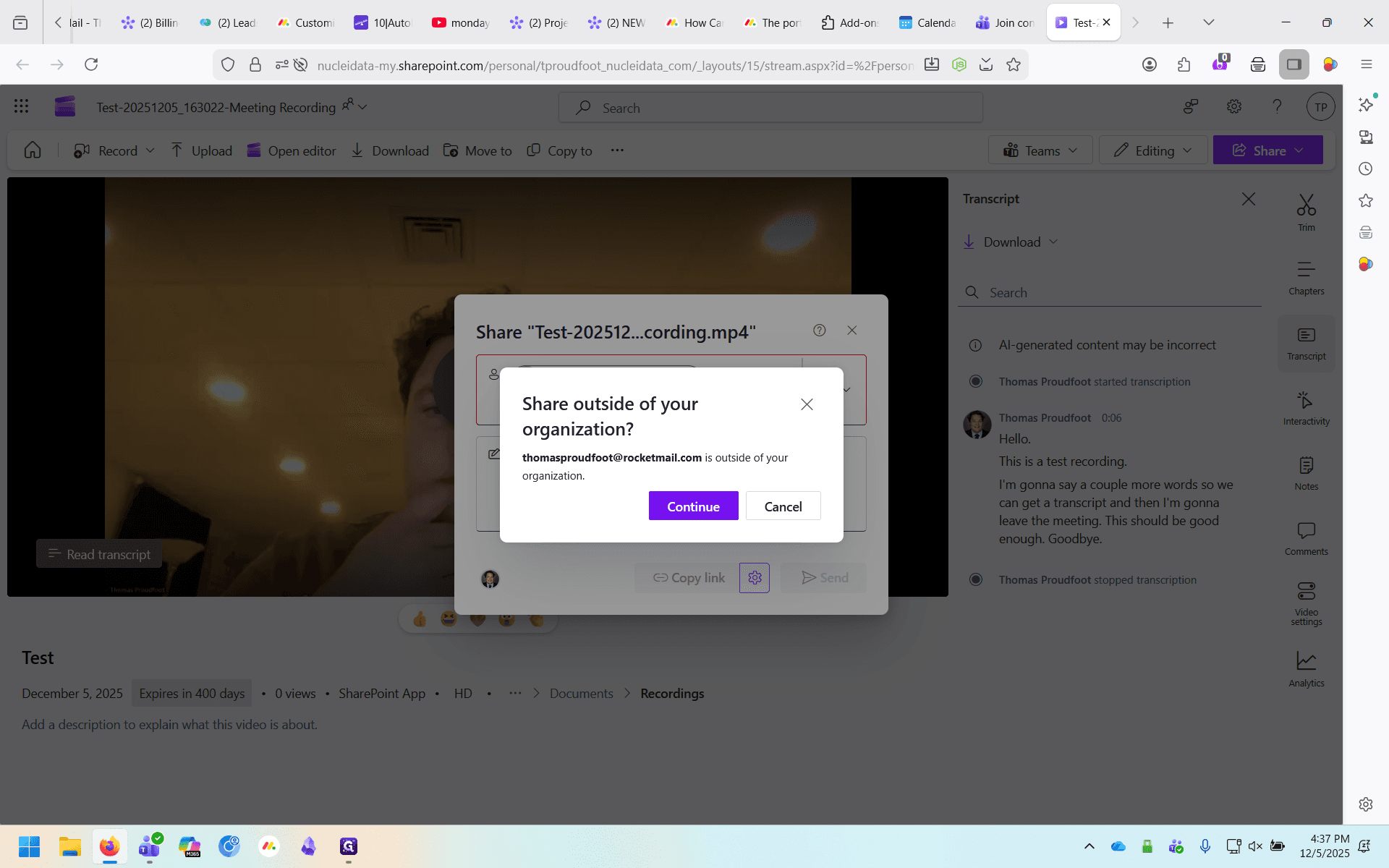 Step #8: When prompted if you would like to share externally, Click on "Continue"