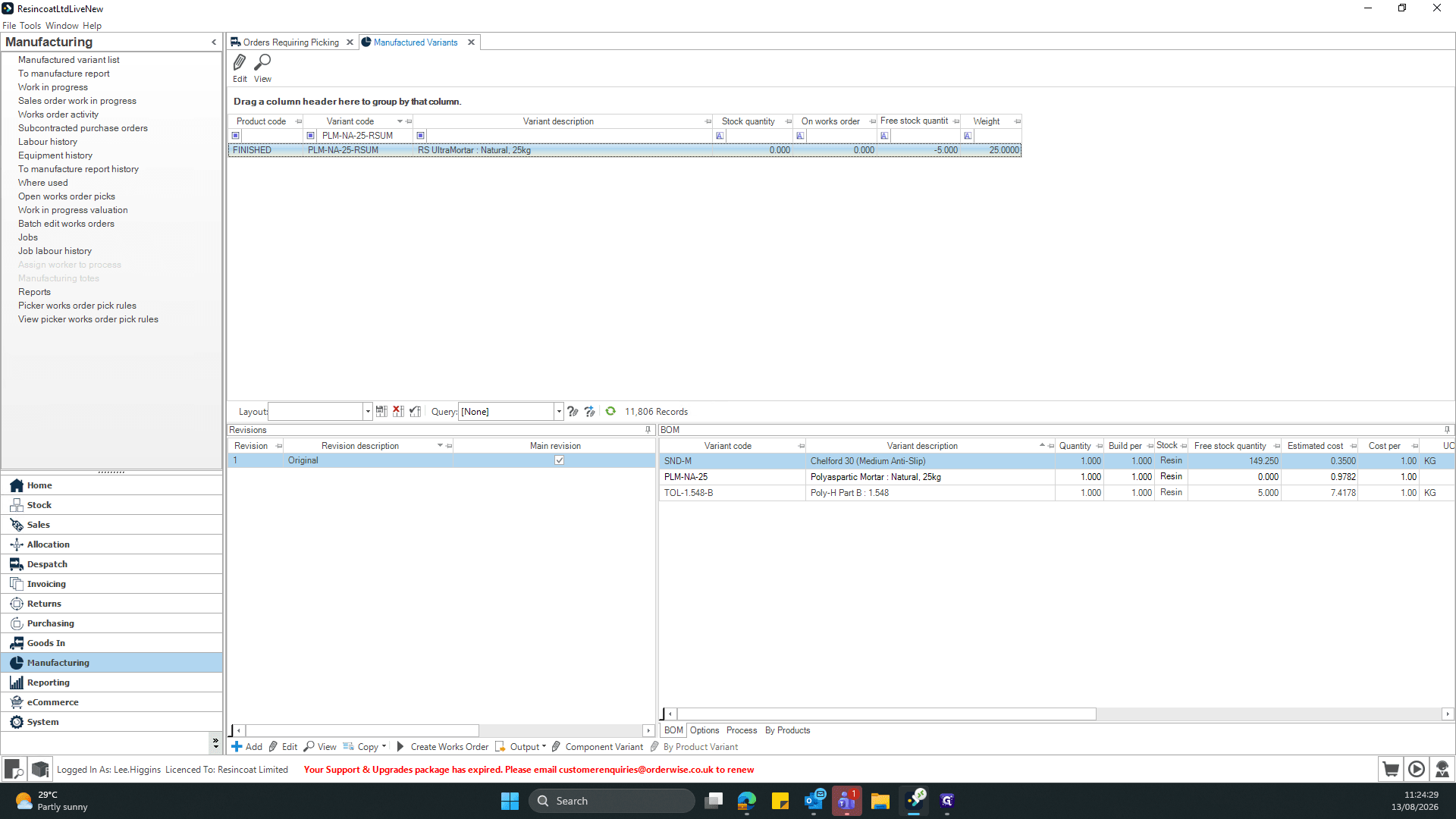 Step #8: Open the BOM (Bill of Materials) tab to view the manufacturing components, allocations, and quantities. The free stock quantity field will highlight what is missing to be able to fulfil the order. Always ensure allocations are cleared prior to this as this may free up stock also.