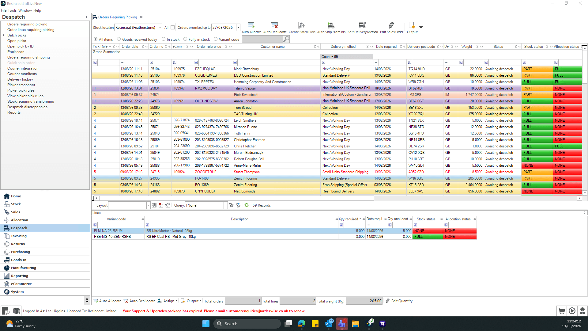 Step #1: Click the target order that's part stocked to highlight it.