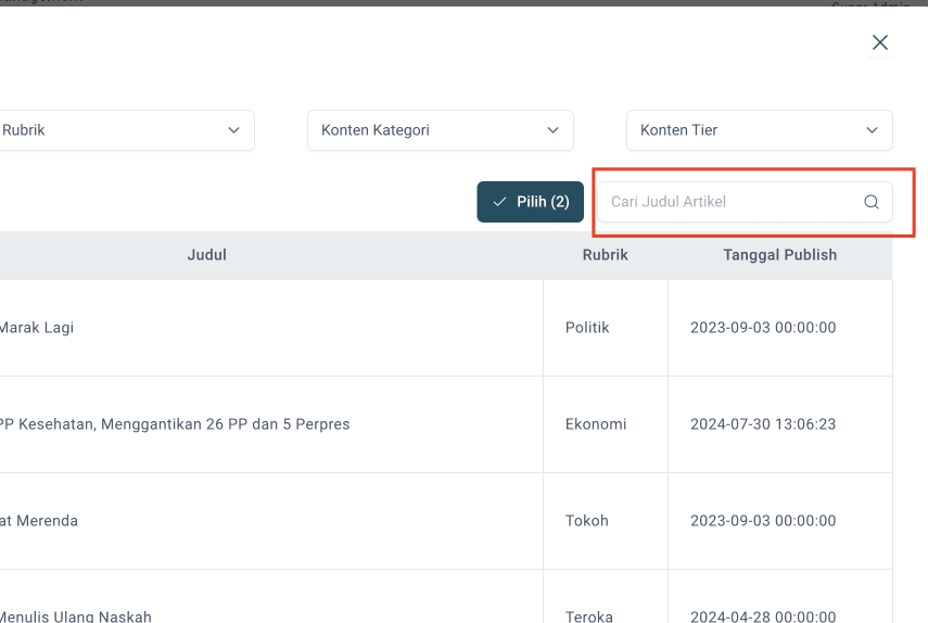 Step #4: Redaksi juga dapat memanfaatkan fitur search berikut untuk langsung mencari artikel yang diinginkan