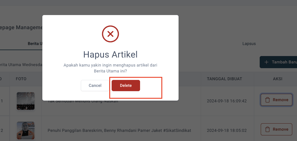 Step #9: Kemudian pilih 'Delete', dan artikel berhasil dihapus dari list Berita Utama di Homepage Tempo