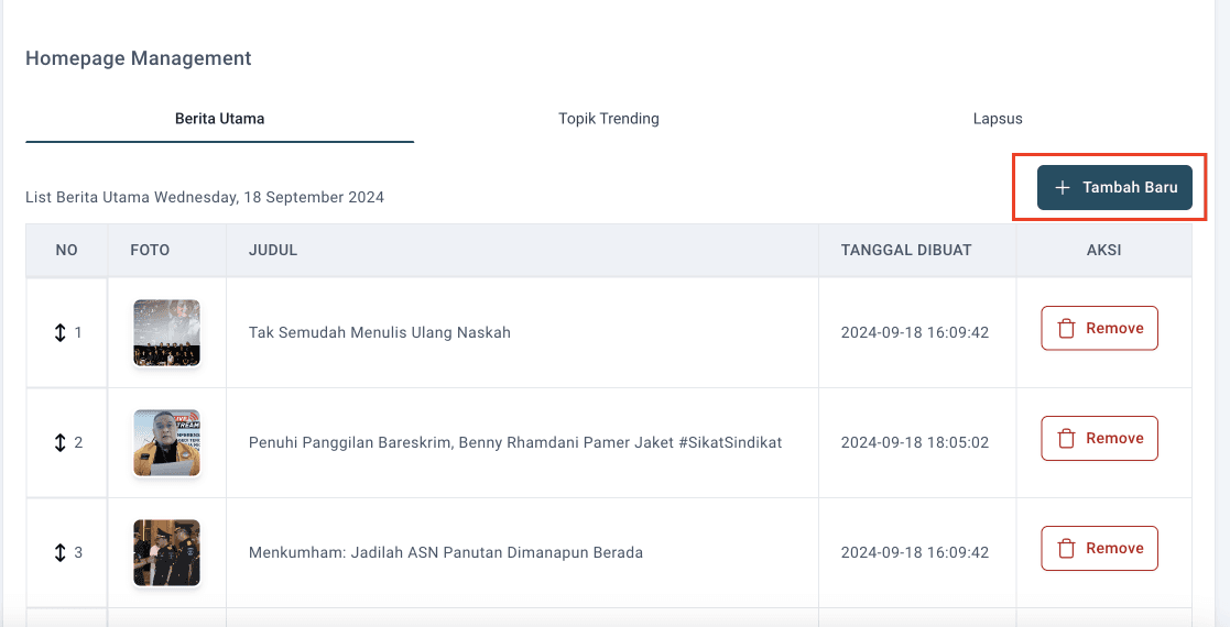 Step #2: Di Tab 'Berita Utama', lalu klik tombol berikut untuk menyortir artikel mana saja yang akan dijadikan sebagai Berita Utama