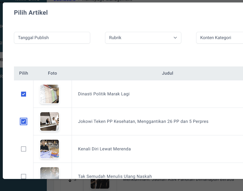 Step #3: Kemudian Redaksi dapat mulai memilih artikel yang akan dijadikan sebagai Berita Utama di Homepage Tempo. Minimal jumlah artikel yang dipilih adalah 10