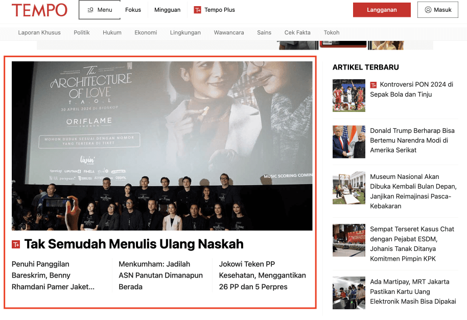 Step #7: Selanjutnya Redaksi dapat menuju ke Tempo Single Brand untuk mengecek apakah Berita Utama yang dibuat, berhasil tampil di web.
