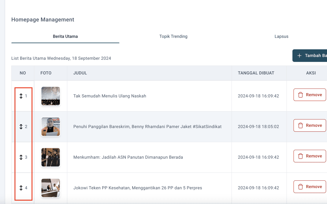 Step #6: Untuk mengatur urutan artikel yang tampil di Berita Utama pada Homepage Tempo, Redaksi dapat memanfaatkan fitur drag & drop sebagai berikut