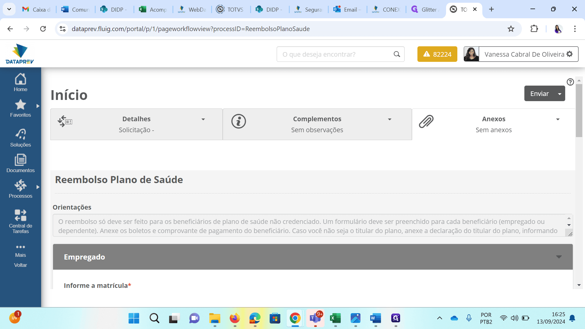 Step #13: Retorne a parte superior da página e clique em "Anexos" para anexar os documentos necessários à solicitação de reembolso.