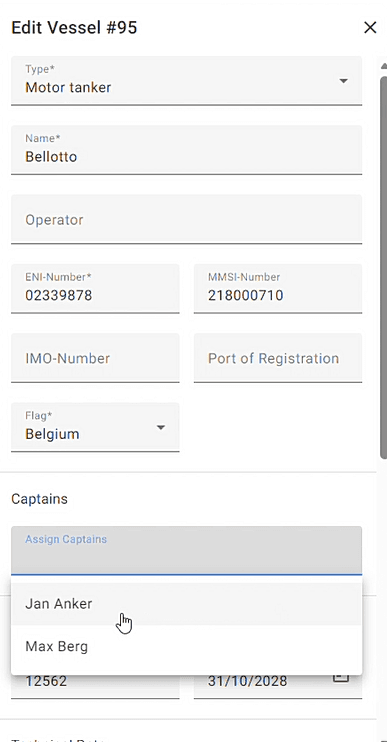 Step #4: In the "Edit Vessel" column, add the captains in the field provided.