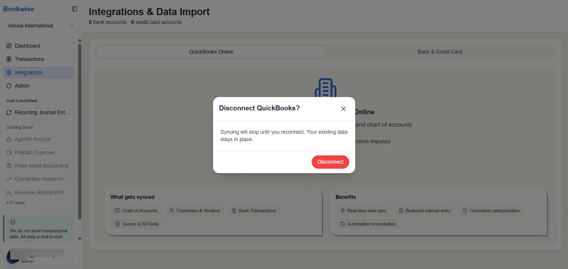 Step #2: Click the Disconnect button to remove your QuickBooks connection.
