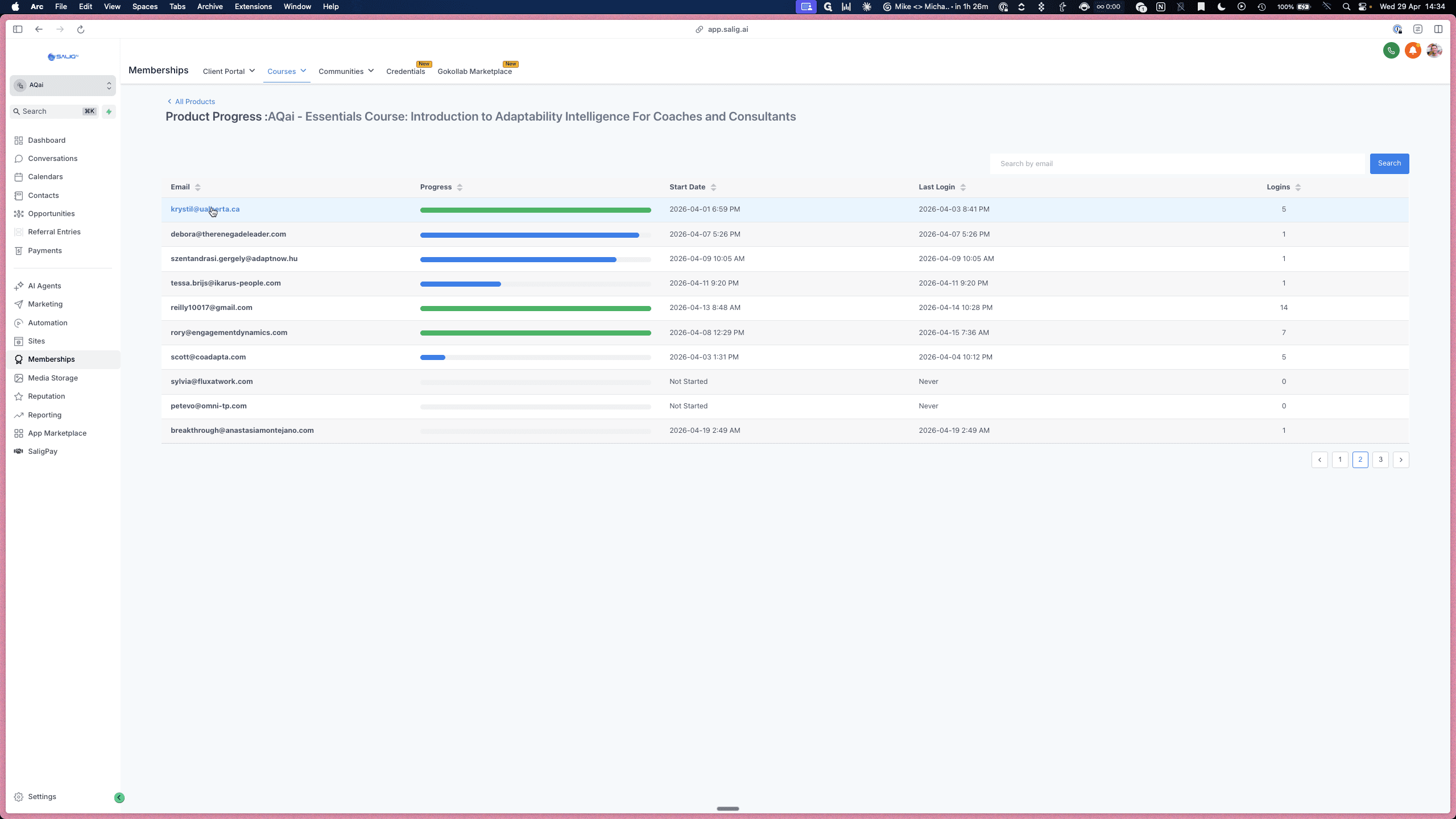 Step #6: Click on a member's email address in the user list to view their specific progress.