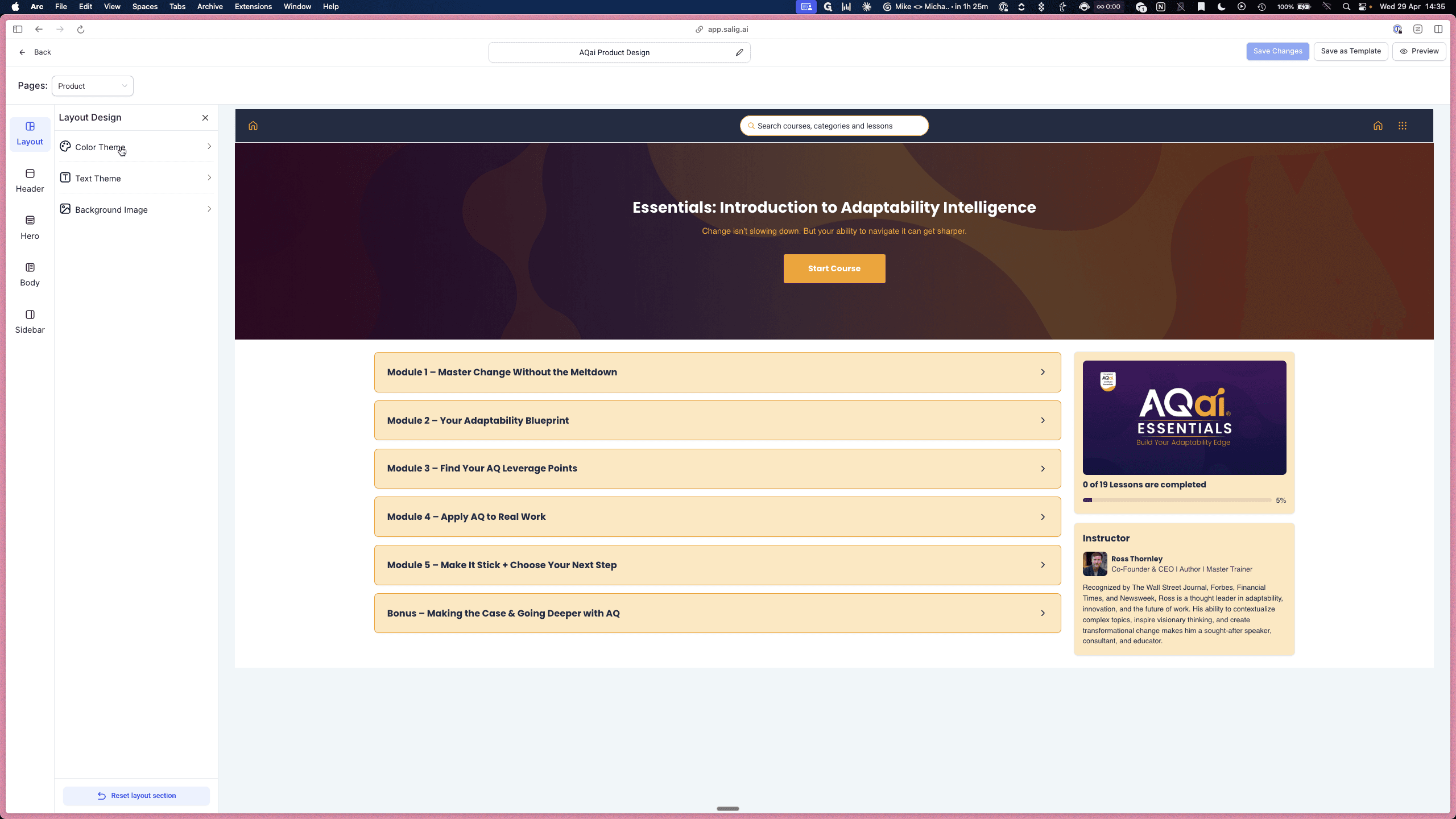 Step #14: Use the Layout Design sidebar on the left to adjust the Color Theme, Hero Section, Sidebar, and Body elements as needed.