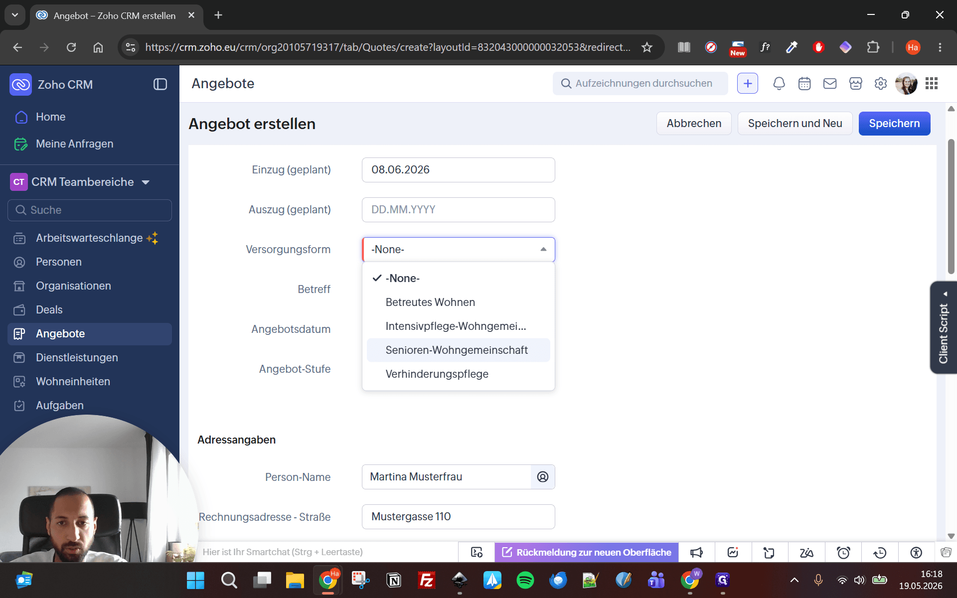 Step #7: Wählen Sie im Dropdown-Menü die gewünschte Versorgungsform aus (z.B. Senioren - Wohngemeinschaft).