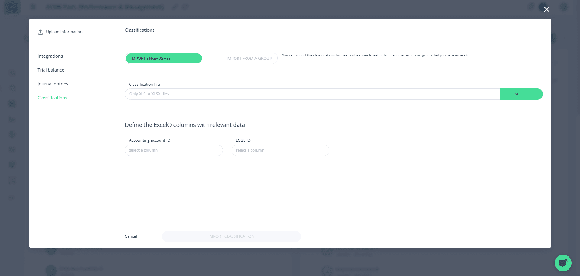 Step #10: Modal de importação de classificações via Grupo Econômico