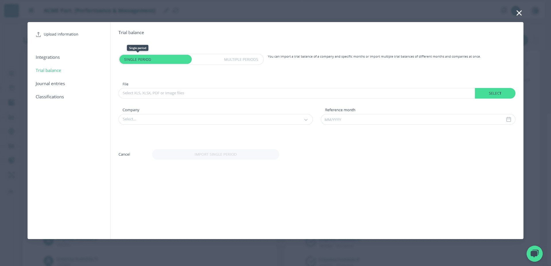 Step #3: Selecione o tipo de período de importação para o balancete