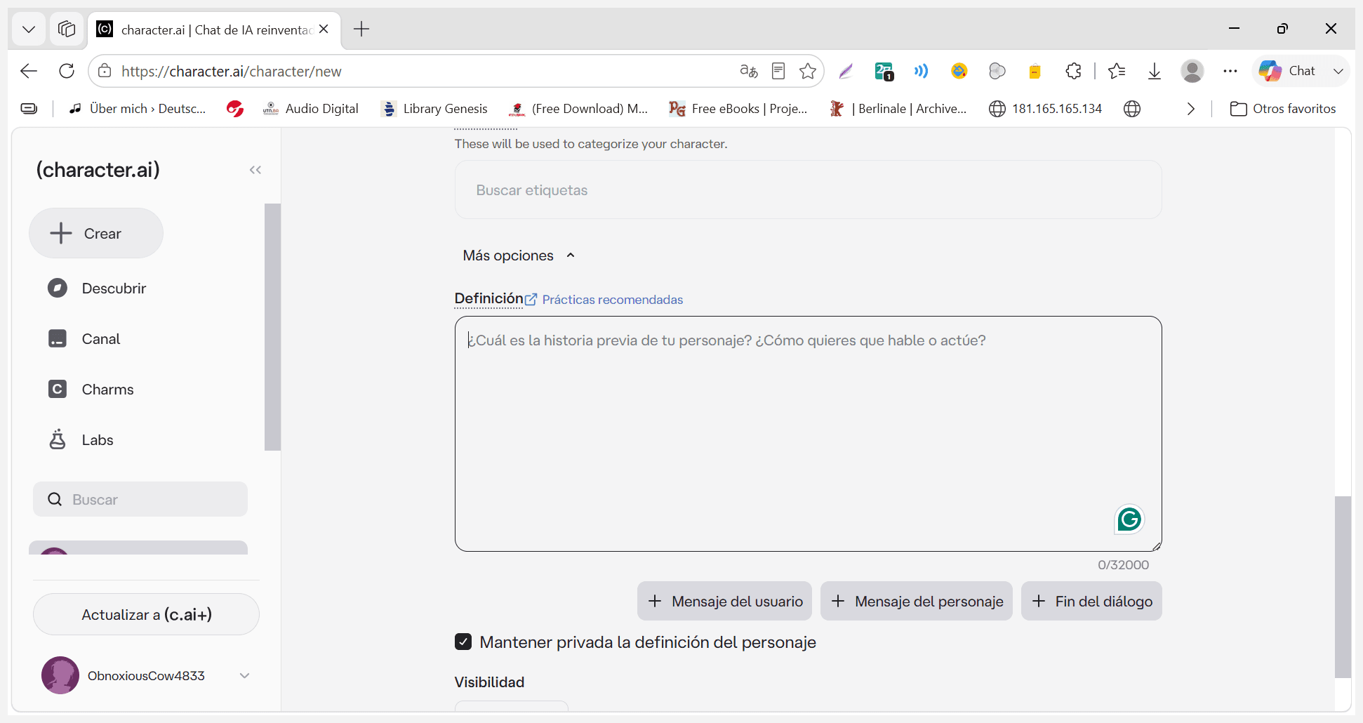 Step #13: Desplázate a la sección Definición y detalla el comportamiento, los conocimientos y la personalidad que debe adoptar el chatbot.