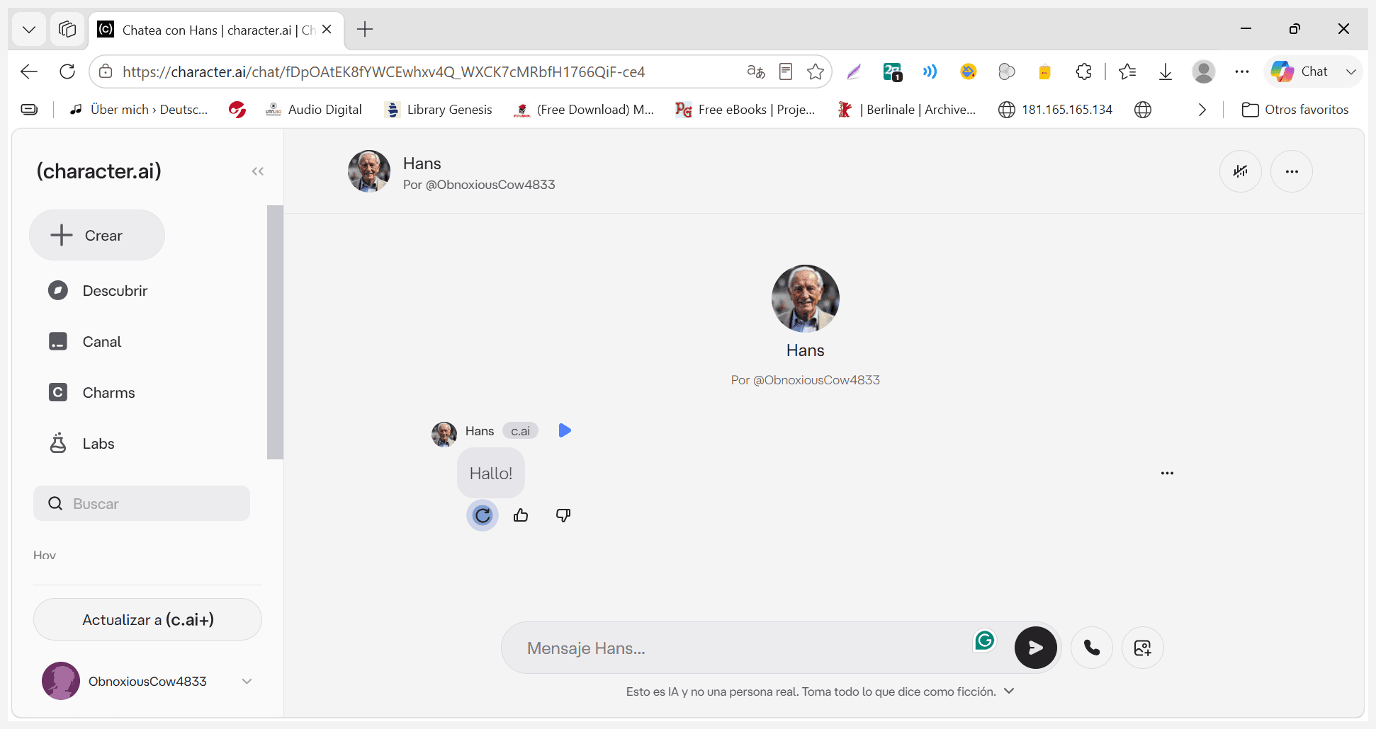 Step #16: Inicia una conversación de prueba ingresando un mensaje en el chat para corroborar que el personaje actúe y argumente según las directivas que has establecido.