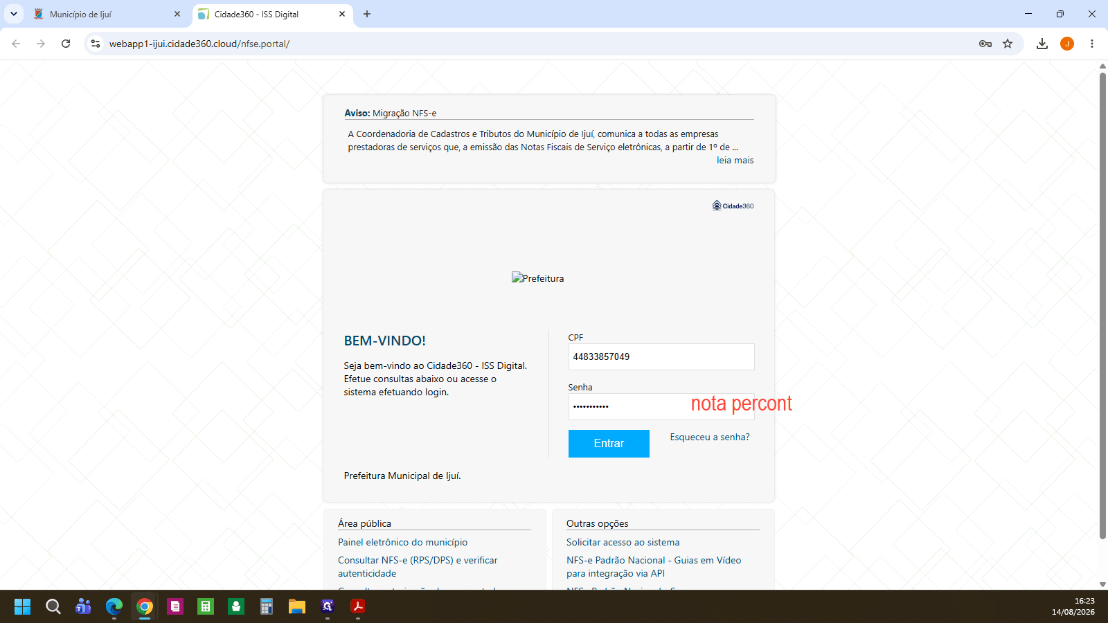 Step #3: Clique no botão azul Entrar para acessar o sistema ISS Digital.
