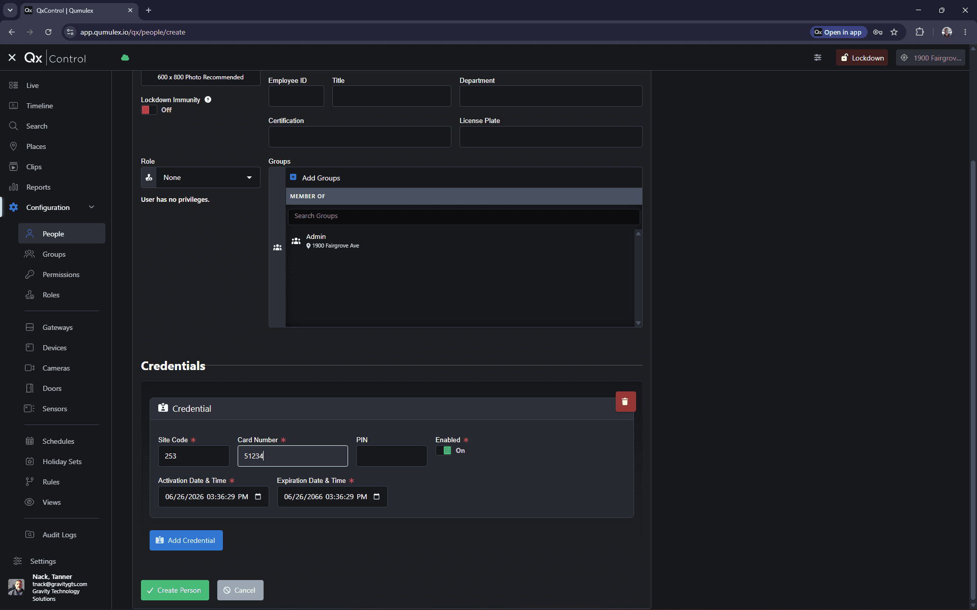 Step #13: Click Create Person to save the new user and grant them access.
