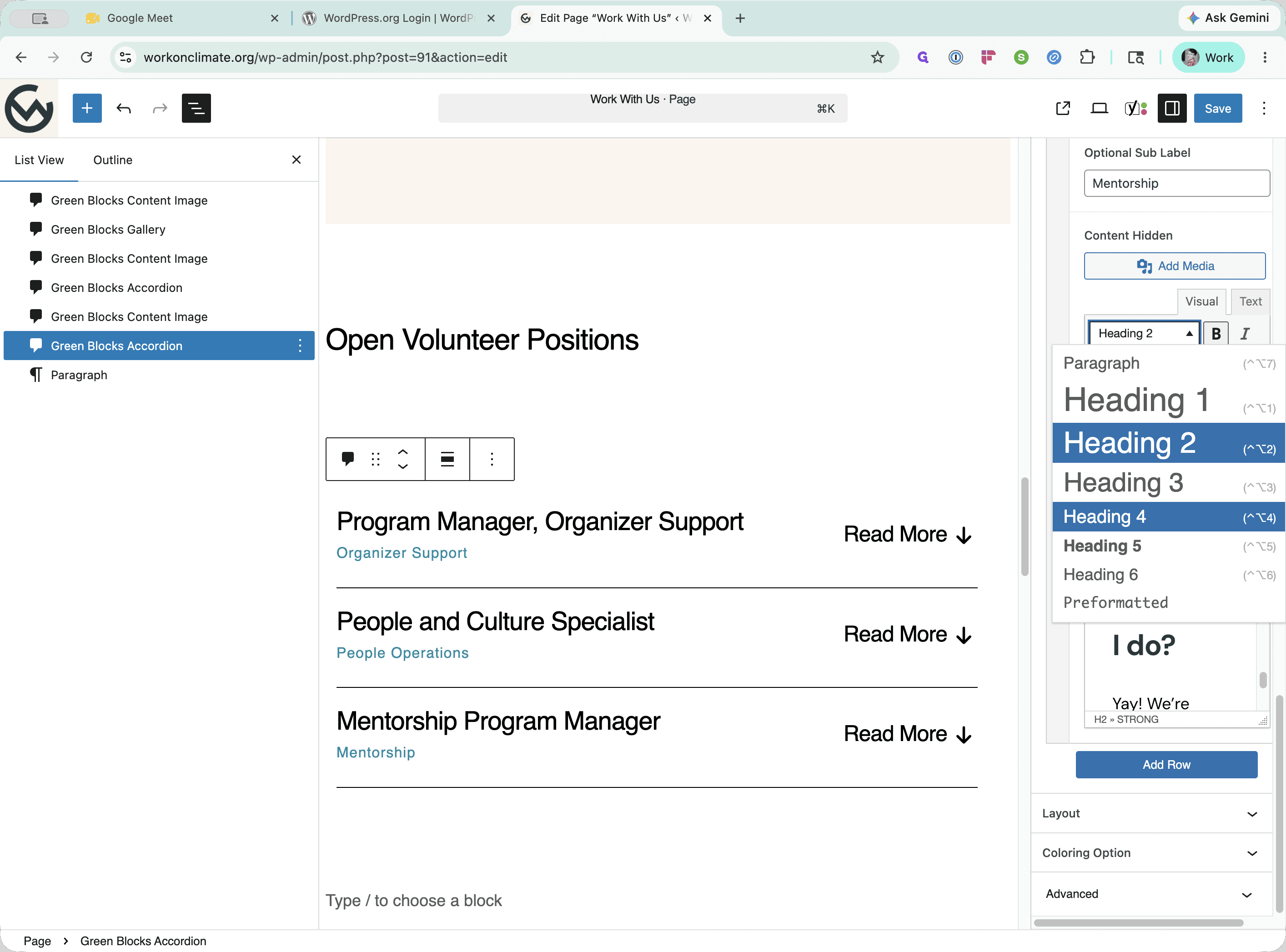 Step #6: Highlight the section headings in your pasted content and change them to Heading 4 using the block formatting toolbar.