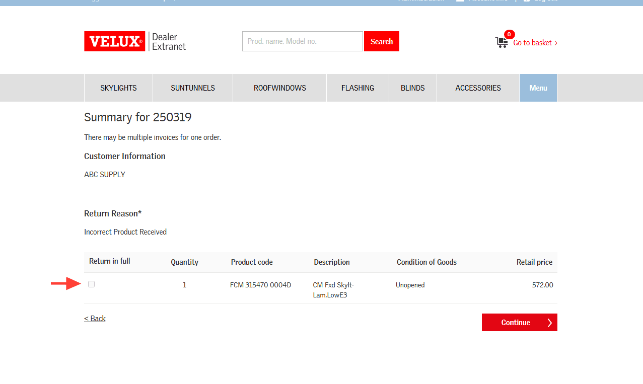 Step #7: If there are multiple items on the order you can choose individual items to return or click to Return in full and then click on Continue.