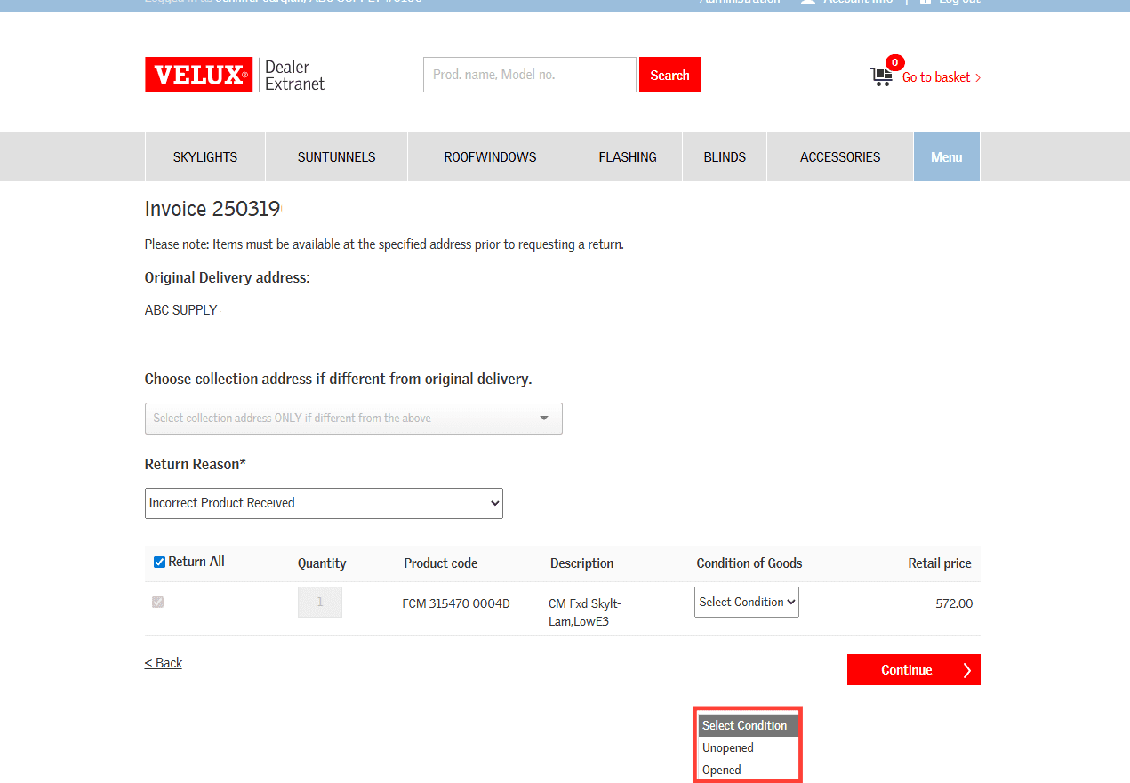 Step #6: Choose the condition of the return product under the Condition of Goods dropdown.