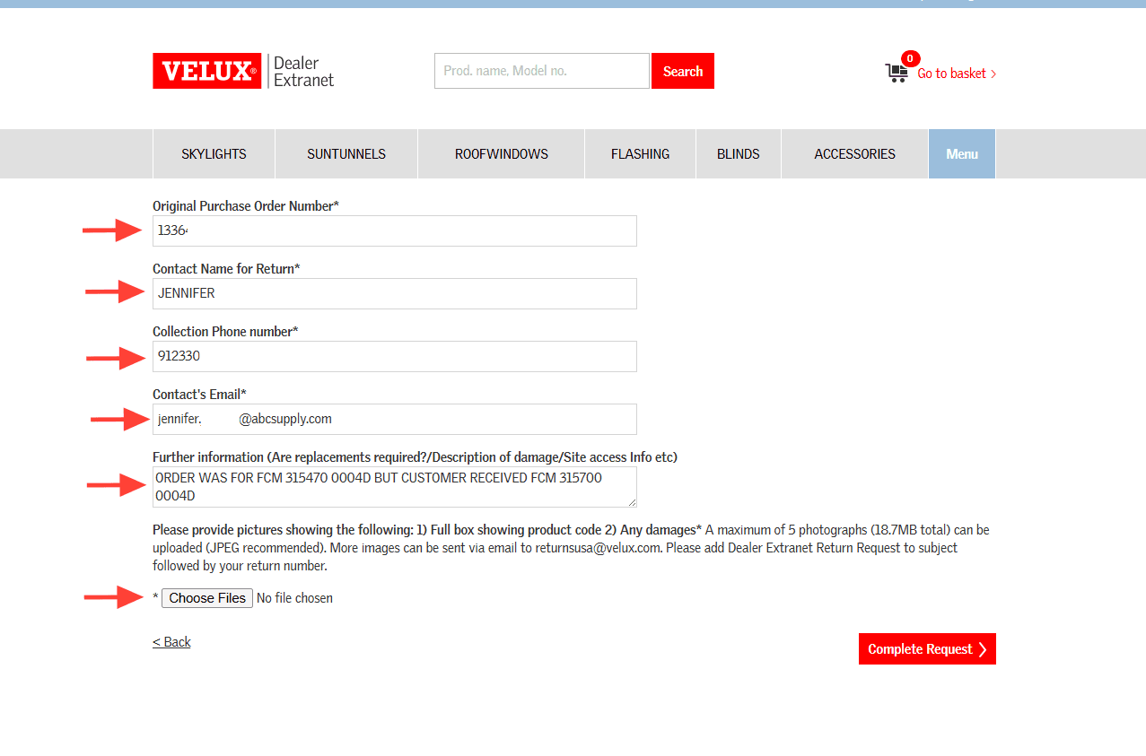 Step #8: Complete all required fields noting the reason for return and if a replacement reorder is required. Upload any photo documentation you may have and click Complete Request to process the RGA.