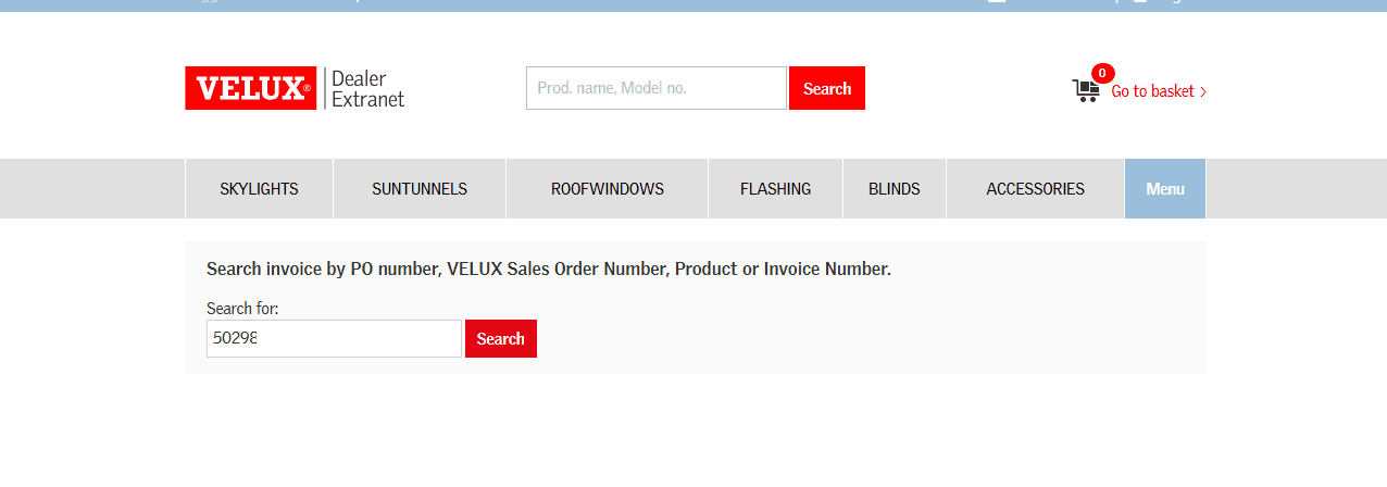Step #2: You can search by PO number, VELUX sales order confirmation number, product, or invoice number.