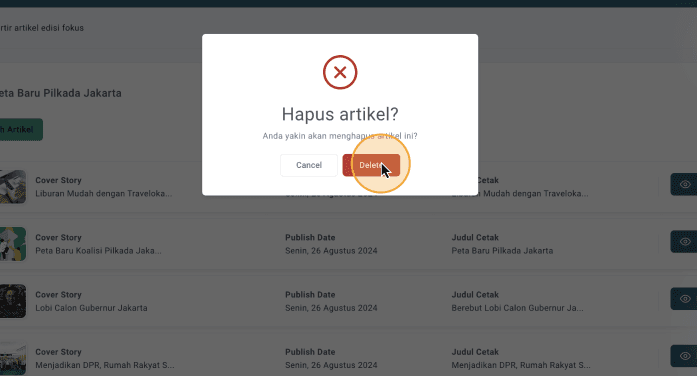 Step #15: Konfirmasi remove artikel, klik 'Delete'. Maka artikel tersebut nantinya juga tidak akan ditampilkan di Edisi Harian Single Brand