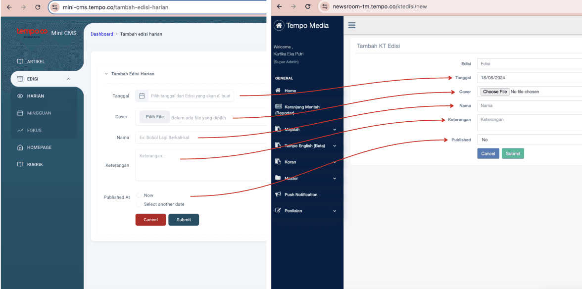 Step #5: Input field/form, menyesuaikan dengan Edisi yang telah dibuat sebelumnya di Koran Tempo Edisi | Newsroom.