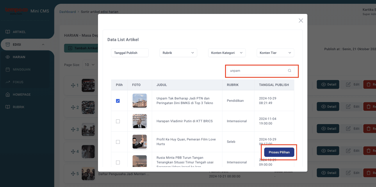 Step #9: Search artikel yang diinginkan, lalu pilih artikel tersebut dan klik 'Proses Pilihan'