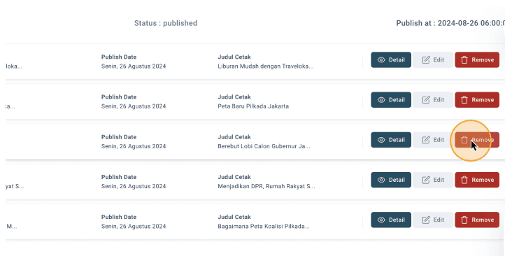 Step #14: Untuk remove suatu artikel dari Edisi Harian, dapat klik di sini