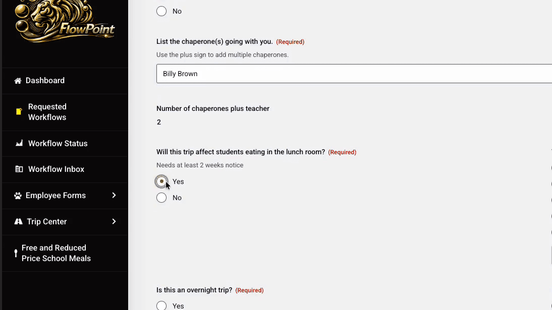 Step #11: If the trip affects students eating in the lunchroom, click the 'Add Cafeteria Form' button.