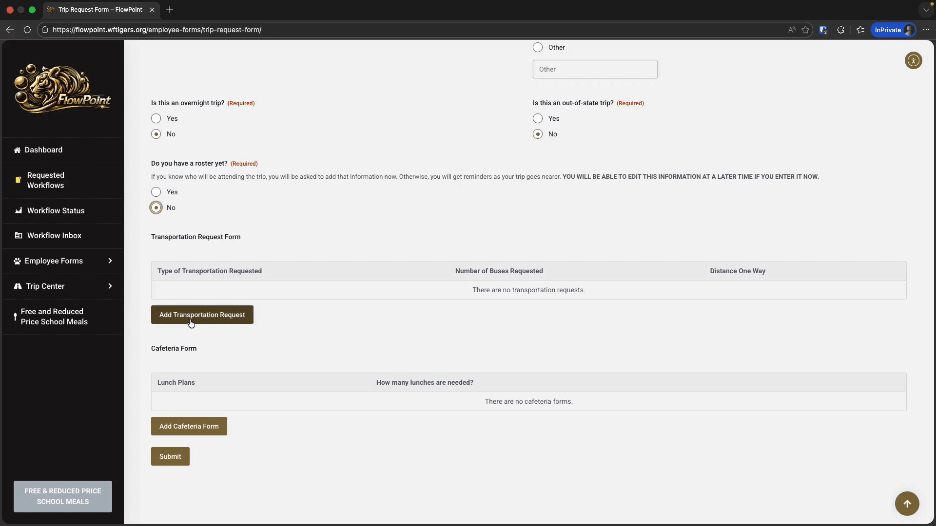 Step #15: Click the Add Transportation Request button.