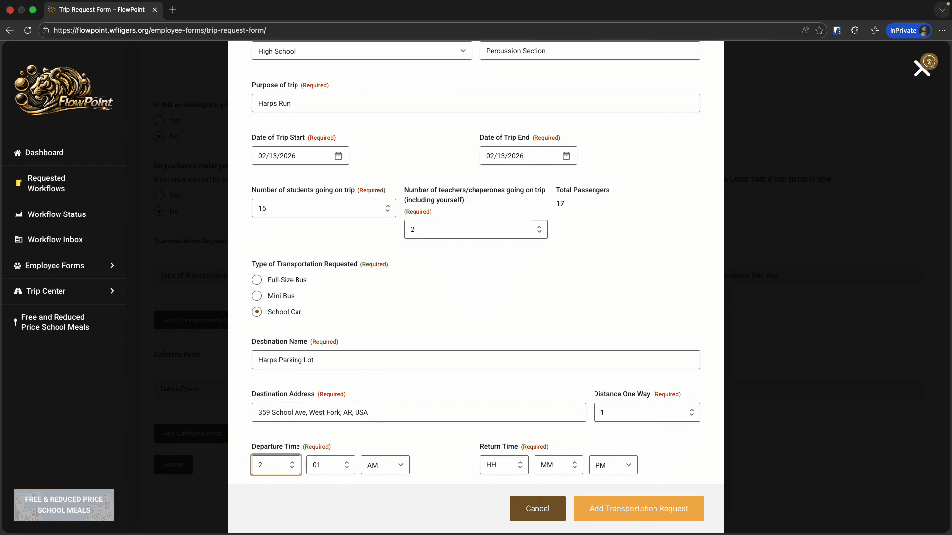 Step #18: Click the "Add Transportation Request" button.