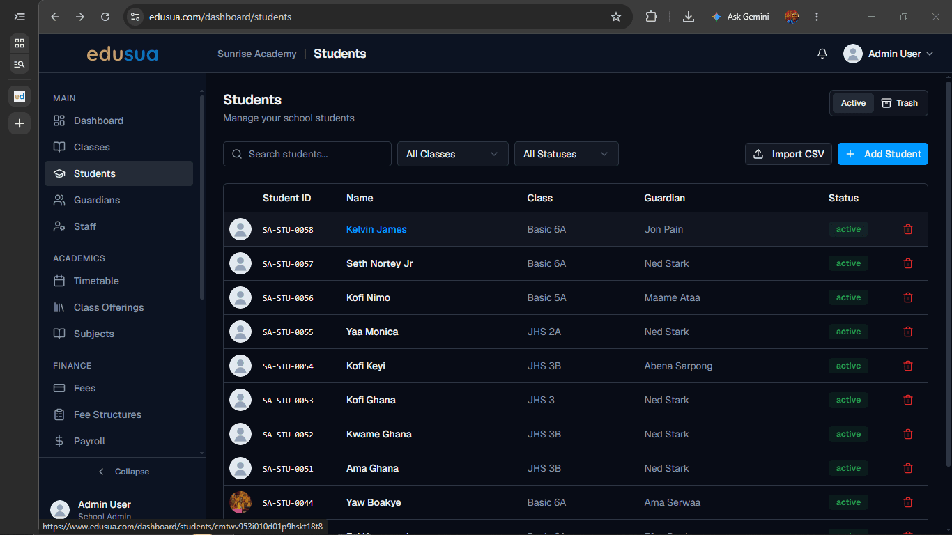 Step #1: Click the student name (Kelvin James) in the Students table to view their details.