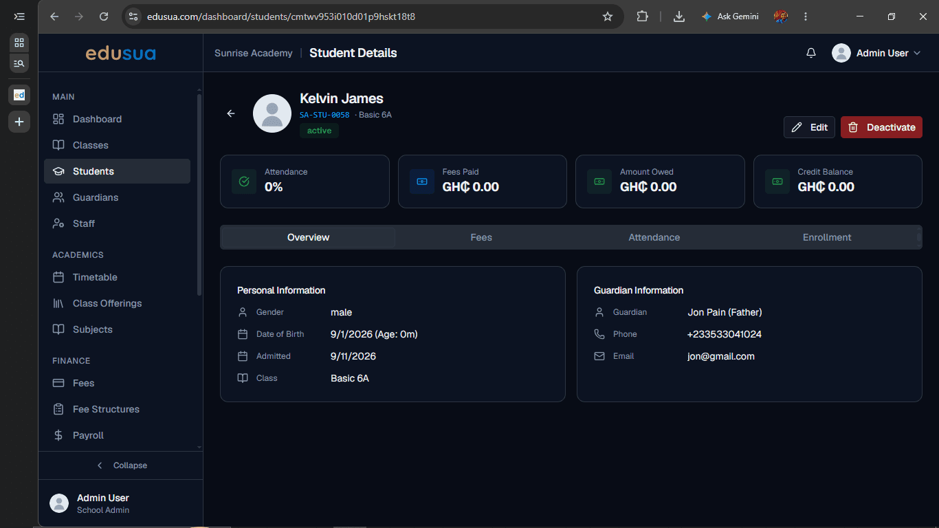 Step #2: Click Deactivate in the upper-right section of the Student Details page.