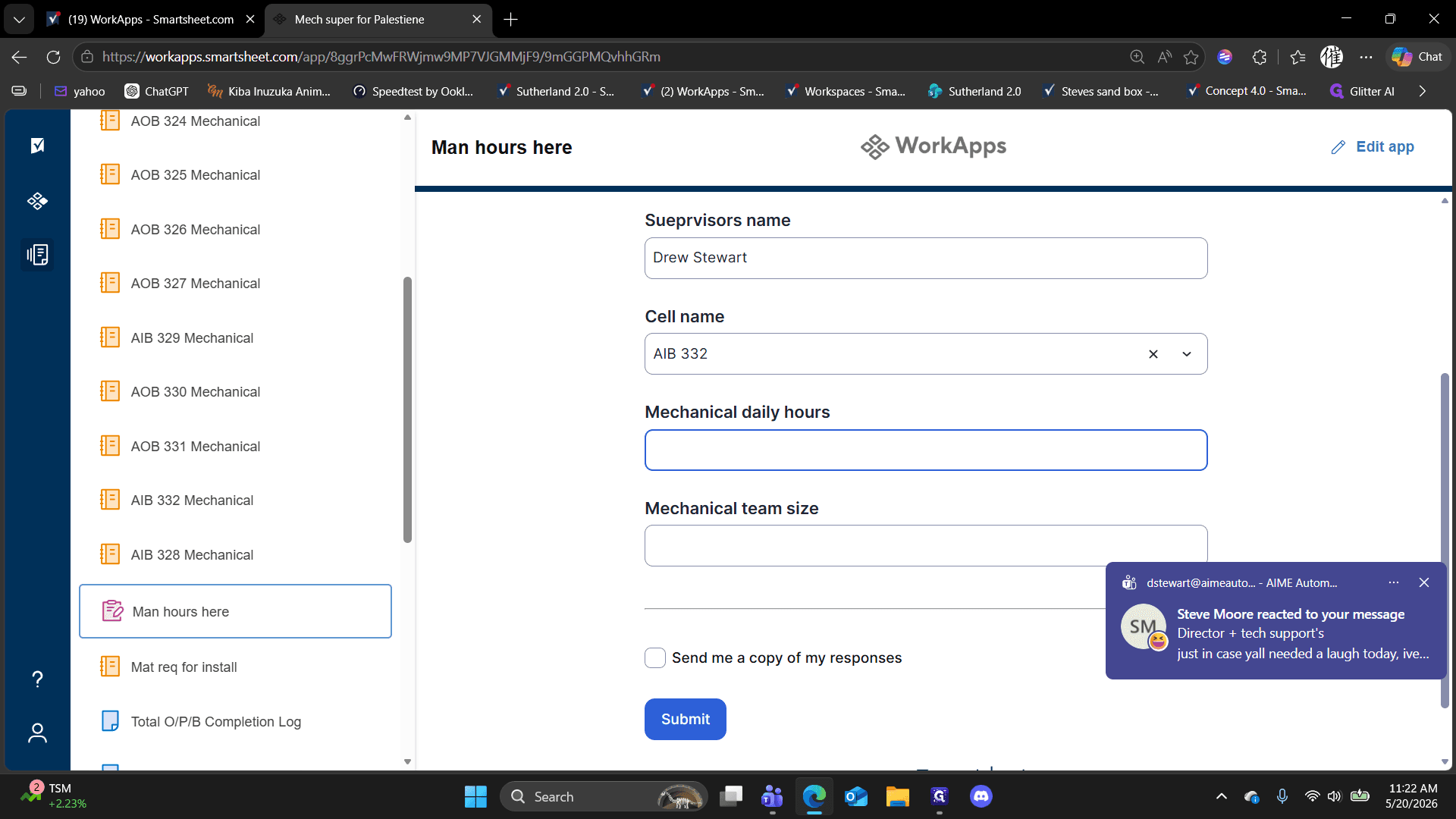 Step #12: Enter the total hours your team spent specifically on this cell in the Mechanical daily hours field.